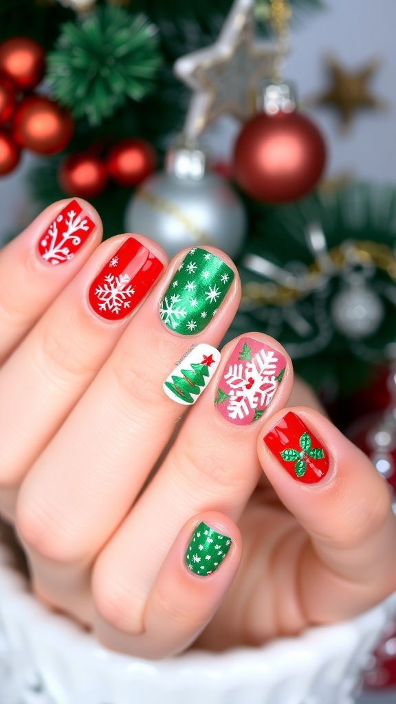 Festive Christmas Nail Art with Nail Polish Colorful Christmas nail art with red and green polish, snowflakes, and Christmas trees.